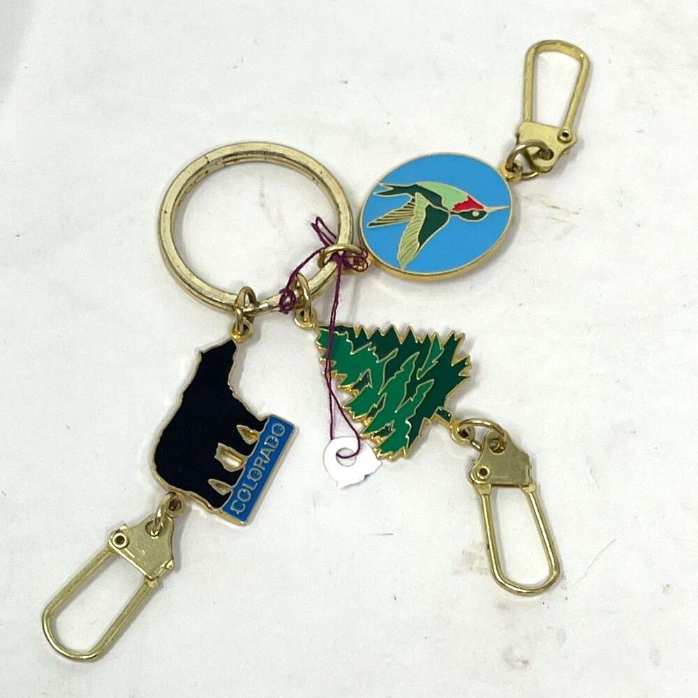 Vintage Gold Brass & Enamel Colorado Wildlife Triple Charm Keychain